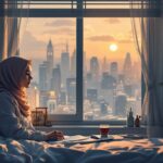 امرأة ترتدي الحجاب تجلس على السرير وتعمل على جهاز كمبيوتر محمول بجوار نافذة تطل على منظر المدينة، برنامج للنوم.