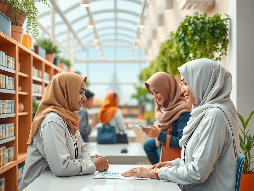 تطبيق نفسي - فتاتان ترتديان الحجاب تجلسان في مكتبة، إحداهما تنظر إلى ورقة عمل والأخرى تستخدم هاتفها.