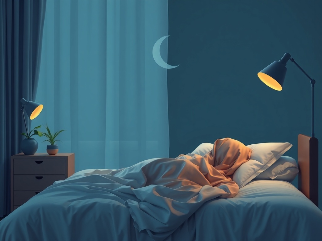 برنامج للنوم - شخص نائم تحت غطاء برتقالي في غرفة نوم هادئة مضاءة بمصباحين، مع هلال في الخلفية.