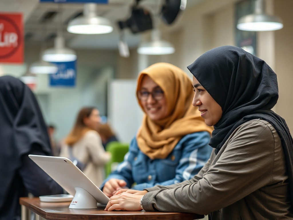 امرأتان ترتديان الحجاب تجلسان معًا وتنظران إلى جهاز لوحي.