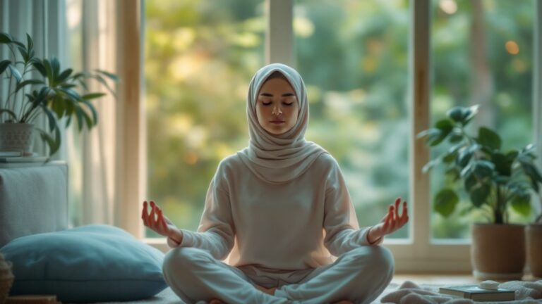امرأة ترتدي الحجاب تمارس التأمل في وضعية اللوتس، مما يعكس تخفيف القلق والتوتر.