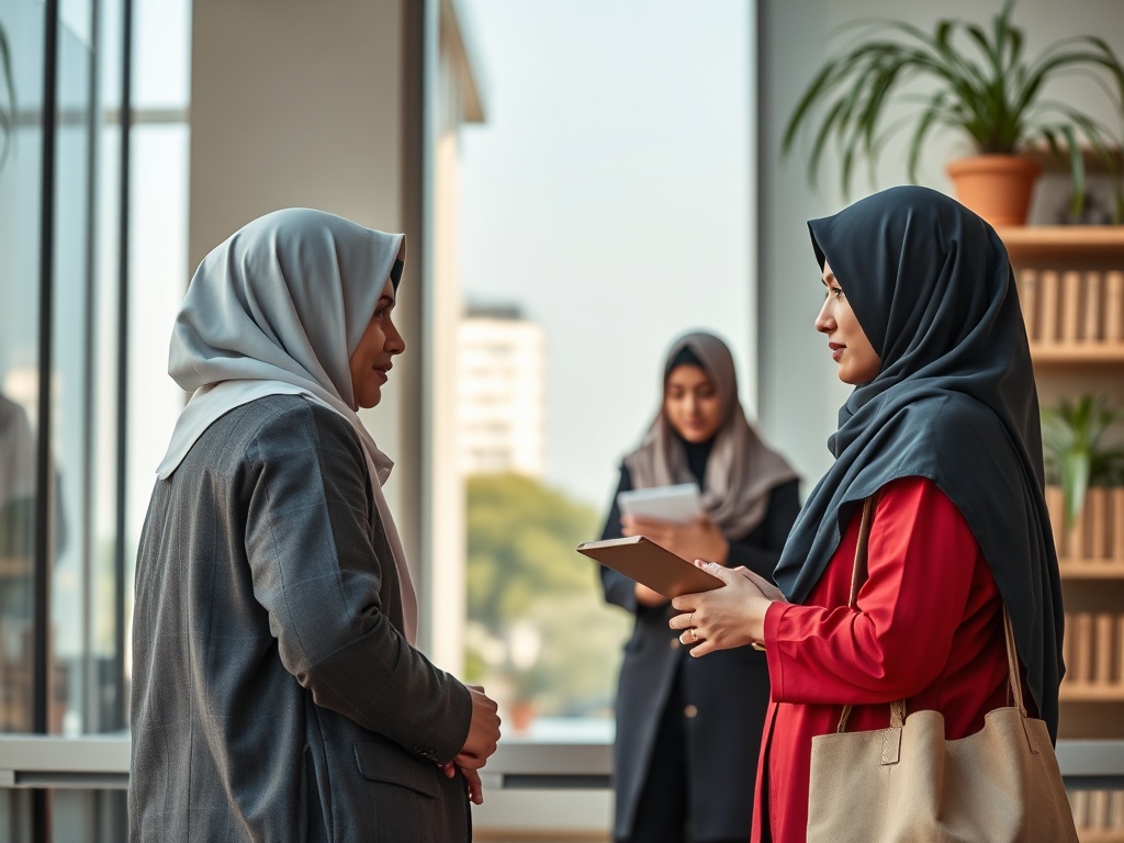 توكيدات الثراء - امرأتان ترتديان الحجاب تتحدثان في مكتب، مع امرأة ثالثة في الخلفية.