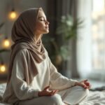 امرأة مسلمة تمارس التنفس العميق في وضعية التأمل، تجربتي مع التنفس العميق