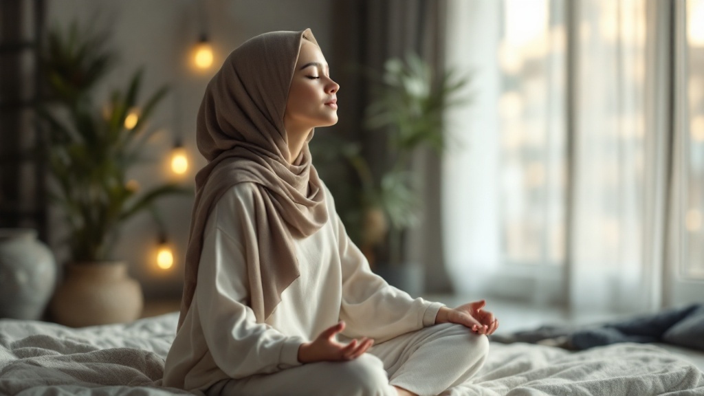 امرأة مسلمة تمارس التنفس العميق في وضعية التأمل، تجربتي مع التنفس العميق