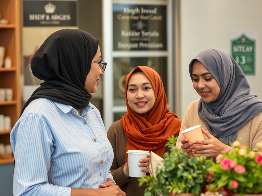 تجربتي مع التنفس العميق - ثلاث نساء يرتدين الحجاب ويتحدثن في مقهى، اثنتان منهن تحملان أكوابًا.