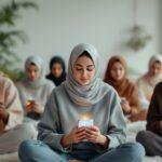 مجموعة نساء يرتدين الحجاب يتأملن هواتفهن، أفضل 5 تطبيقات للتأمل والاسترخاء.