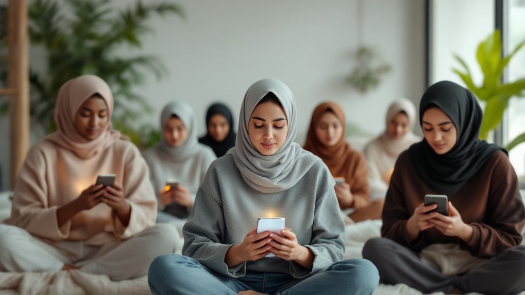 مجموعة نساء يرتدين الحجاب يتأملن هواتفهن، أفضل 5 تطبيقات للتأمل والاسترخاء.