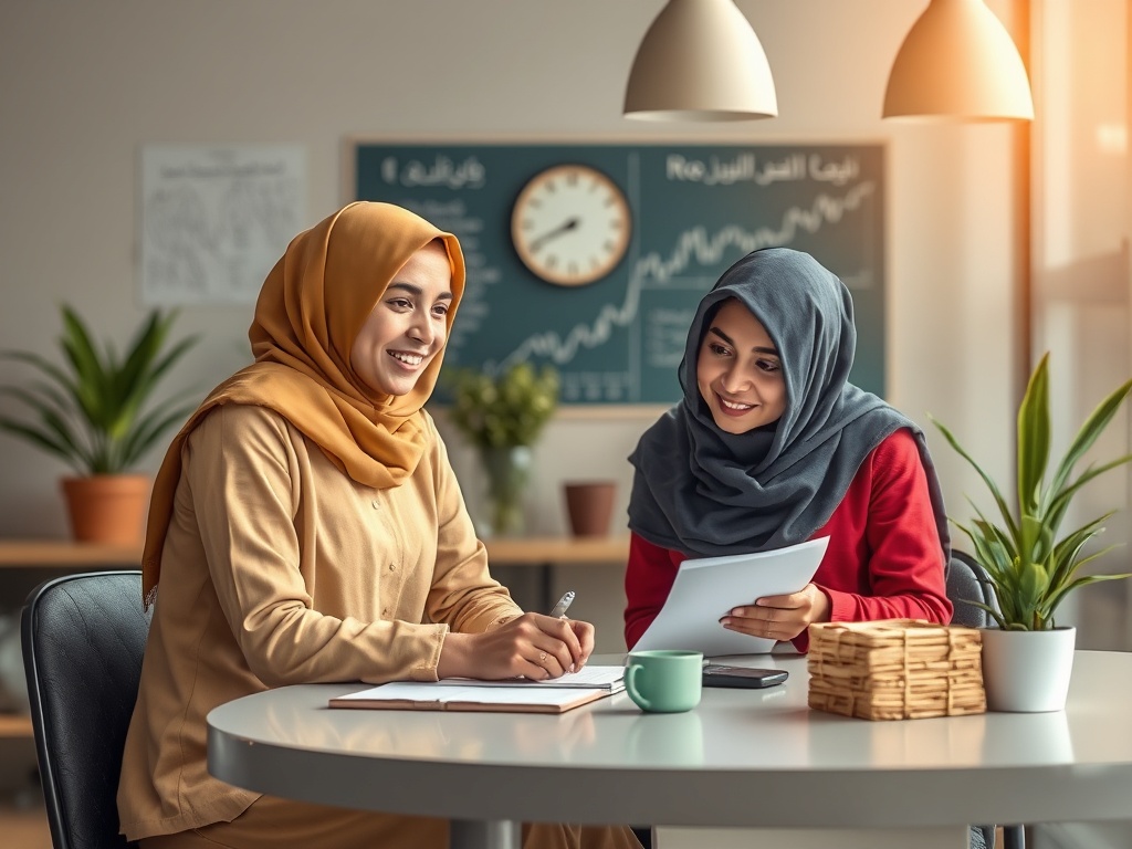 افضل 5 تطبيقات للتامل و الاسترخاء - فتاتان ترتديان الحجاب تبتسمان وتناقشان أوراقًا على طاولة، مع نباتات ولوحة في الخلفية.