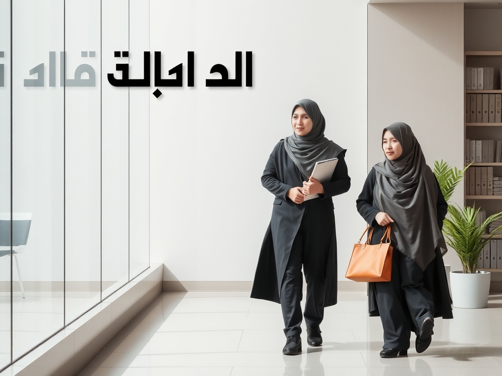 تخفيف القلق والتوتر - امرأتان ترتديان الحجاب وتسيران في ممر مشرق، إحداهما تحمل جهاز لوحي والأخرى حقيبة برتقالية.