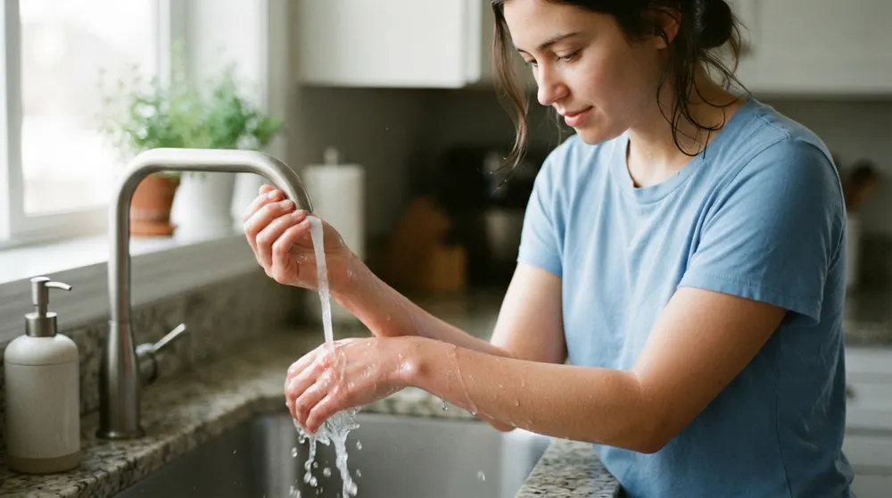شخص يضع ماء بارد على معصمه لتهدئة التوتر