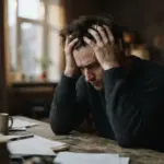 شخص يعاني من أعراض القلق والتوتر ويضع يده على رأسه